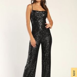 Gleaming Galore Black Sequin Cowl Neck Jumpsuit size xl NWT